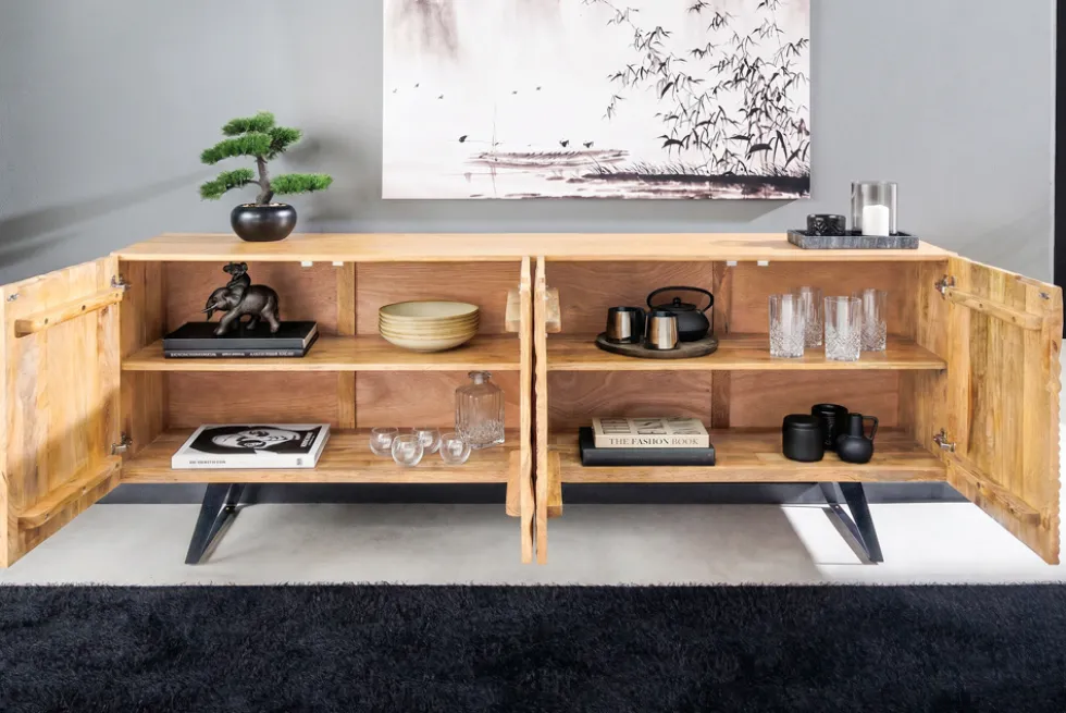 Massives Sideboard FLUID 175cm creme Mangoholz 3D-Design Kufengestell