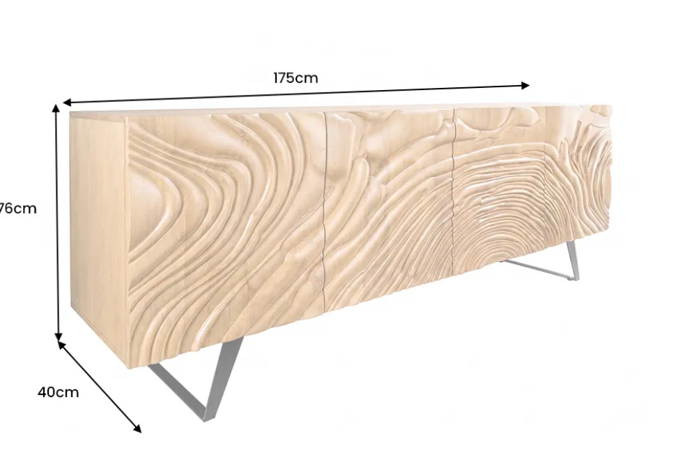 Massives Sideboard FLUID 175cm creme Mangoholz 3D-Design Kufengestell