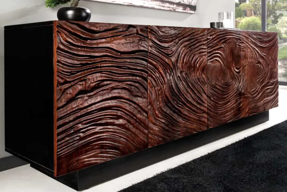 Massives Sideboard FLUID 175cm walnuss-braun Akazienholz 3D-Design schwarzer Sockelfuß