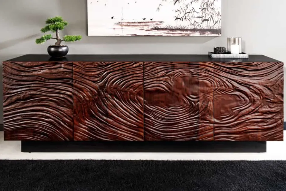 Massives Sideboard FLUID 175cm walnuss-braun Akazienholz 3D-Design schwarzer Sockelfuß