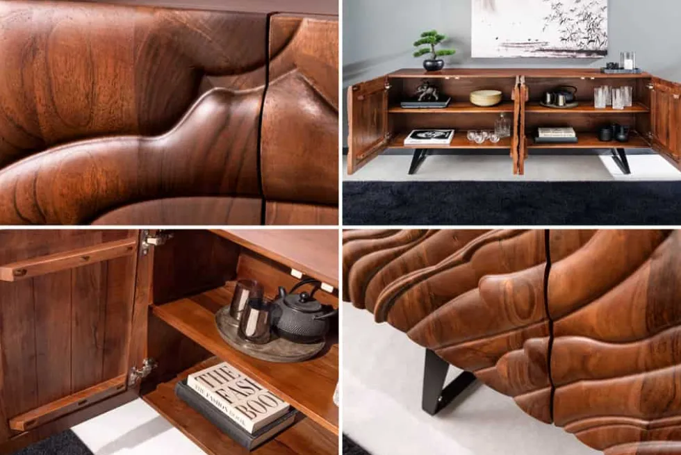 Massives Sideboard FLUID 175cm walnuss-braun Akazienholz 3D-Design Kufengestell