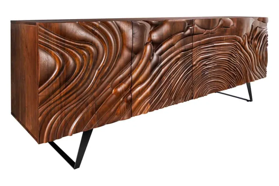Massives Sideboard FLUID 175cm walnuss-braun Akazienholz 3D-Design Kufengestell