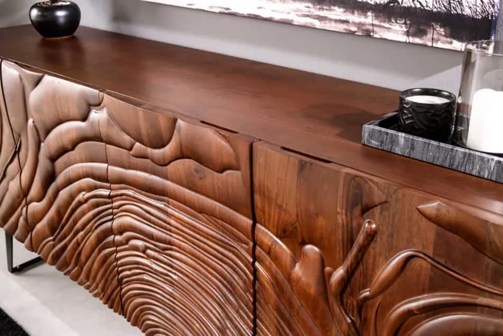 Massives Sideboard FLUID 175cm walnuss-braun Akazienholz 3D-Design Kufengestell