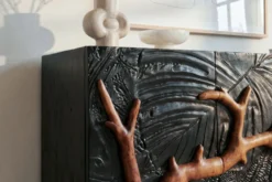 Massives Sideboard FOREST 160cm schwarz braun Mangoholz sechs Fächer 3D-Front