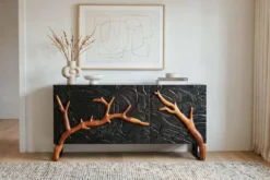 Massives Sideboard FOREST 160cm schwarz braun Mangoholz sechs Fächer 3D-Front