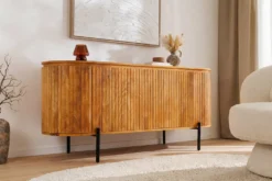 Massives Sideboard GATSBY 160cm natur Mangoholz schwarz Metall mit Lamellenfront