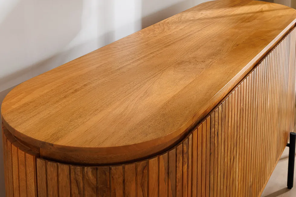 Massives Sideboard GATSBY 160cm natur Mangoholz schwarz Metall mit Lamellenfront