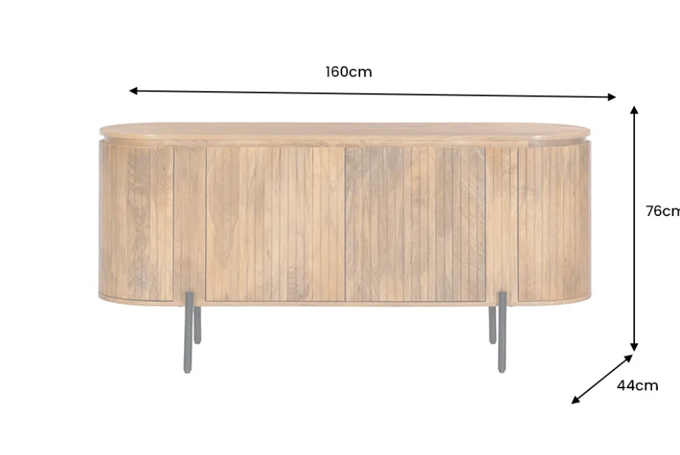 Massives Sideboard GATSBY 160cm natur Mangoholz schwarz Metall mit Lamellenfront