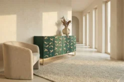 Massives Sideboard GOLDEN LAGOON 180cm türkis gold Mangoholz Metall 3D-Front