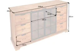 Massives Sideboard HERITAGE 150cm natur Pinienholz Industrial-Türen Metall Vitrine