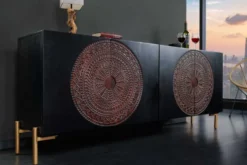 Massives Sideboard MANDALA 160cm Mangoholz schwarz mit 3D Schnitzereien goldene Füße