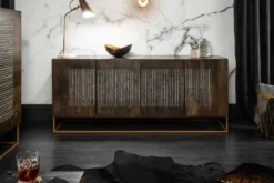 Massives Sideboard ONYX 180cm dunkelbraun Mangoholz Edelstein Achat gold Metallgestell