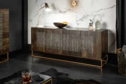 Massives Sideboard ONYX 180cm dunkelbraun Mangoholz Edelstein Achat gold Metallgestell