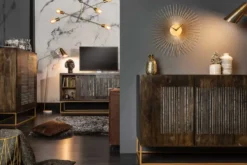 Massives Sideboard ONYX 180cm dunkelbraun Mangoholz Edelstein Achat gold Metallgestell