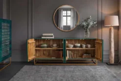 Massives Sideboard ONYX 180cm türkis Mangoholz Achat Edelstein gold Metallgestell