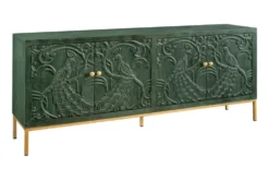 Massives Sideboard PEACOCK 175cm grün Mangoholz antik 3D Schnitzerei Pfau-Design