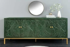 Massives Sideboard PEACOCK 175cm grün Mangoholz antik 3D Schnitzerei Pfau-Design