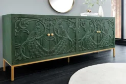 Massives Sideboard PEACOCK 175cm grün Mangoholz antik 3D Schnitzerei Pfau-Design