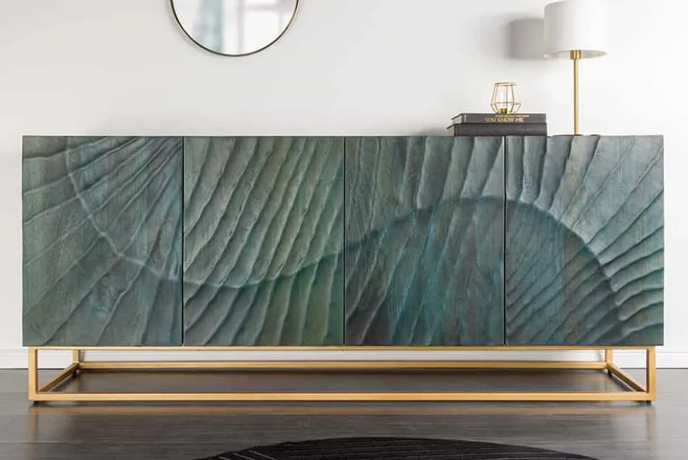 Massives Sideboard SCORPION 180cm türkis Mangoholz gold Metall 3D Schnitzereien