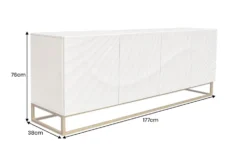 Massives Sideboard SCORPION 180cm weiß Mangoholz gold Metall 3D-Schnitzereien