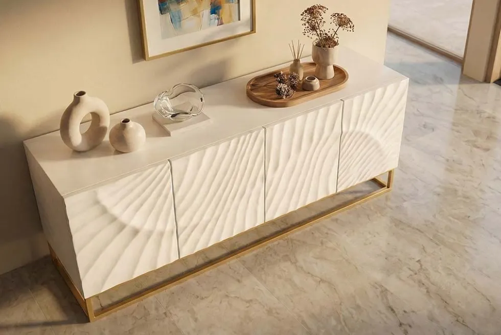 Massives Sideboard SCORPION 180cm weiß Mangoholz gold Metall 3D-Schnitzereien