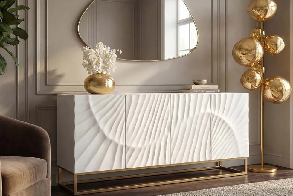 Massives Sideboard SCORPION 180cm weiß Mangoholz gold Metall 3D-Schnitzereien