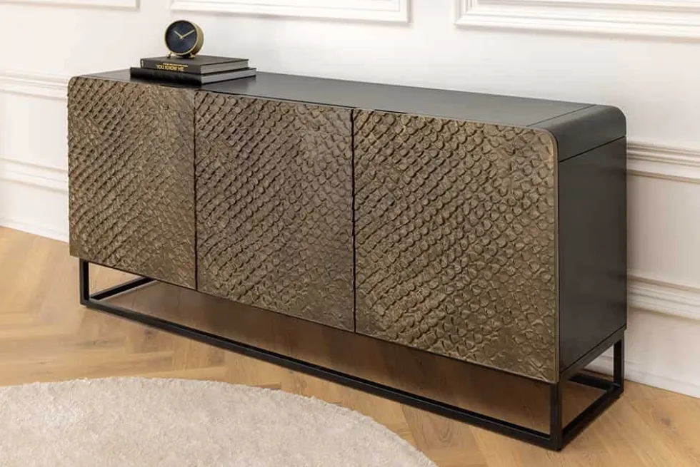 Massives Sideboard SNAKE 160cm braun Mangoholz mit 3D Schnitzereien schwarz Schlangen-Design