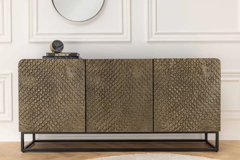 Massives Sideboard SNAKE 160cm braun Mangoholz mit 3D Schnitzereien schwarz Schlangen-Design