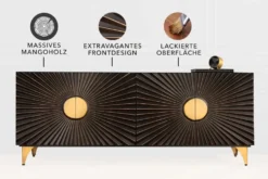 Massives Sideboard SOLARIS 180cm schwarz gold Mangoholz 3D-Design