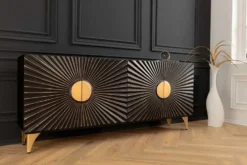 Massives Sideboard SOLARIS 180cm schwarz gold Mangoholz 3D-Design
