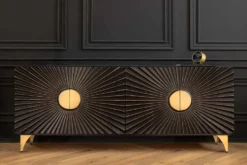 Massives Sideboard SOLARIS 180cm schwarz gold Mangoholz 3D-Design