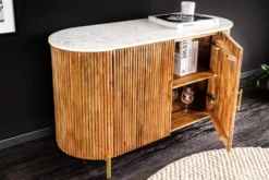 Massives Sideboard TRES CHIC 105cm natur Mangoholz weiß Marmor gold Metall