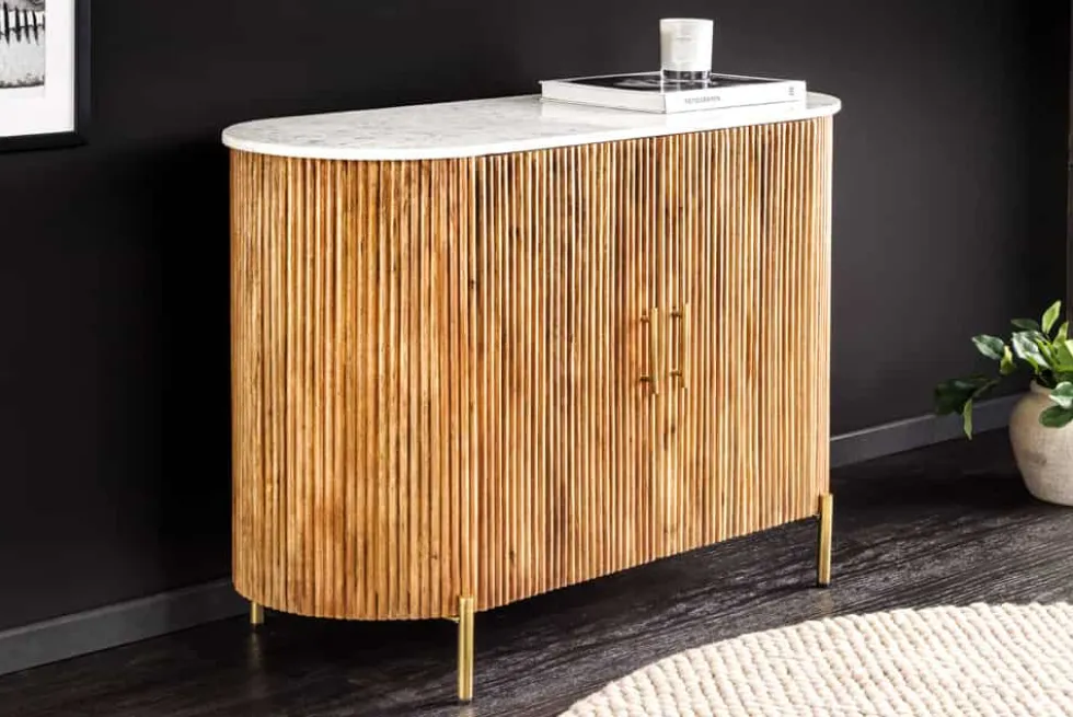 Massives Sideboard TRES CHIC 105cm natur Mangoholz weiß Marmor gold Metall