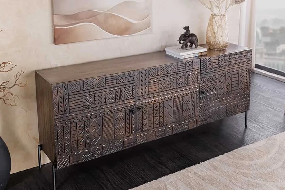 Massives Sideboard TRIBAL 180cm antik braun Mangoholz 3D-Front viel Stauraum