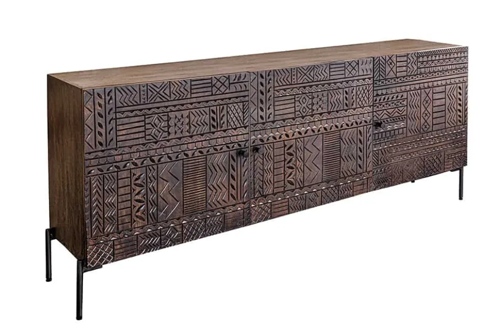 Massives Sideboard TRIBAL 180cm antik braun Mangoholz 3D-Front viel Stauraum