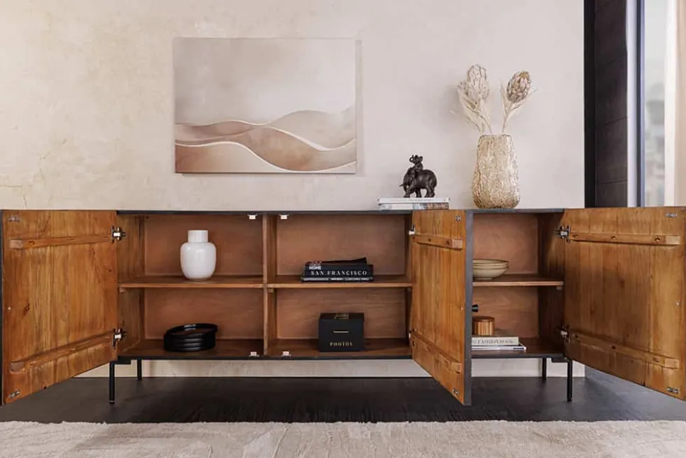 Massives Sideboard TRIBAL 180cm antik braun Mangoholz 3D-Front viel Stauraum