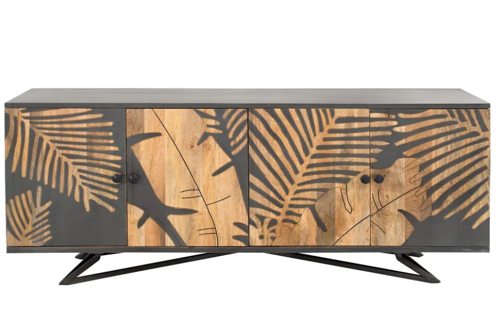 Massives Sideboard TROPICAL 160cm grau Mangoholz florales Design Boho Metallgestell