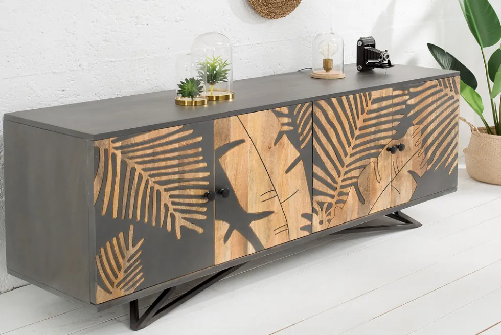Massives Sideboard TROPICAL 160cm grau Mangoholz florales Design Boho Metallgestell