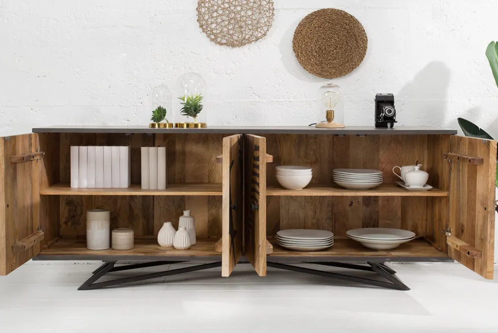 Massives Sideboard TROPICAL 160cm grau Mangoholz florales Design Boho Metallgestell