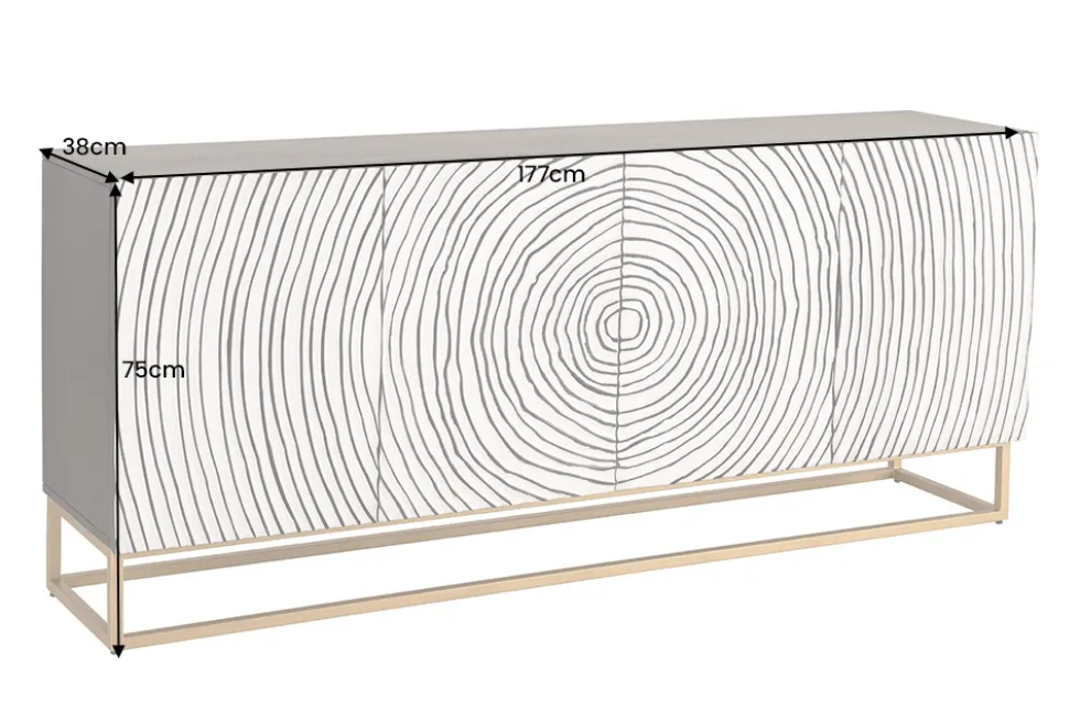 Massives Sideboard ZEN CIRCLES 180cm weiß schwarz gold Mangoholz 3D-Design