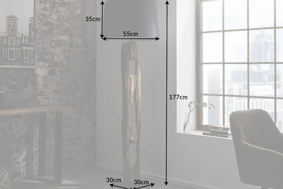 Massive Stehlampe BARRACUDA 177cm natur Akazie Baumwollschirm schwarz Baumstamm