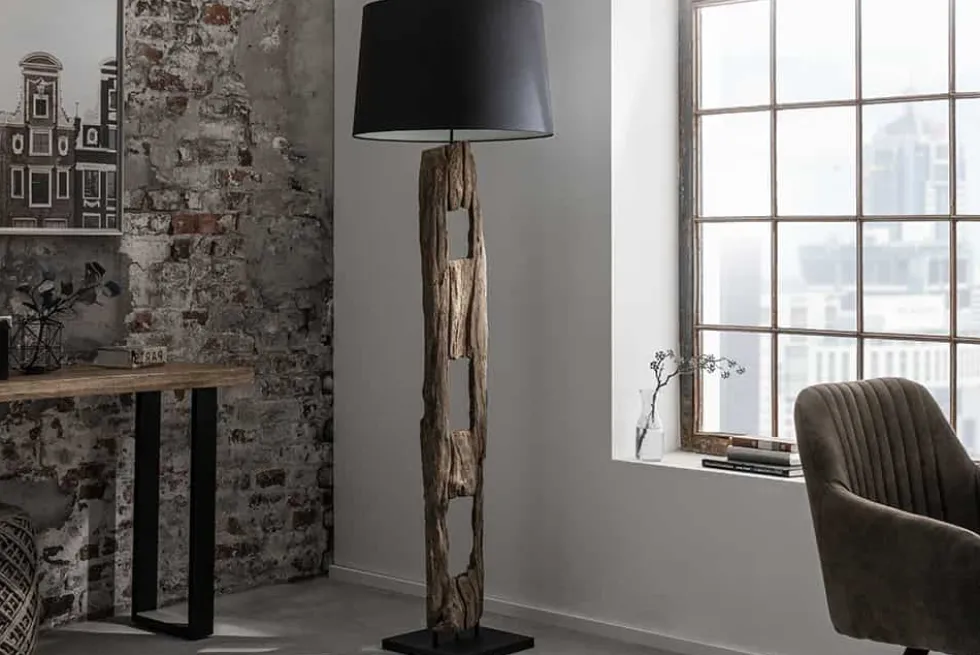 Massive Stehlampe BARRACUDA 177cm natur Akazie Baumwollschirm schwarz Baumstamm