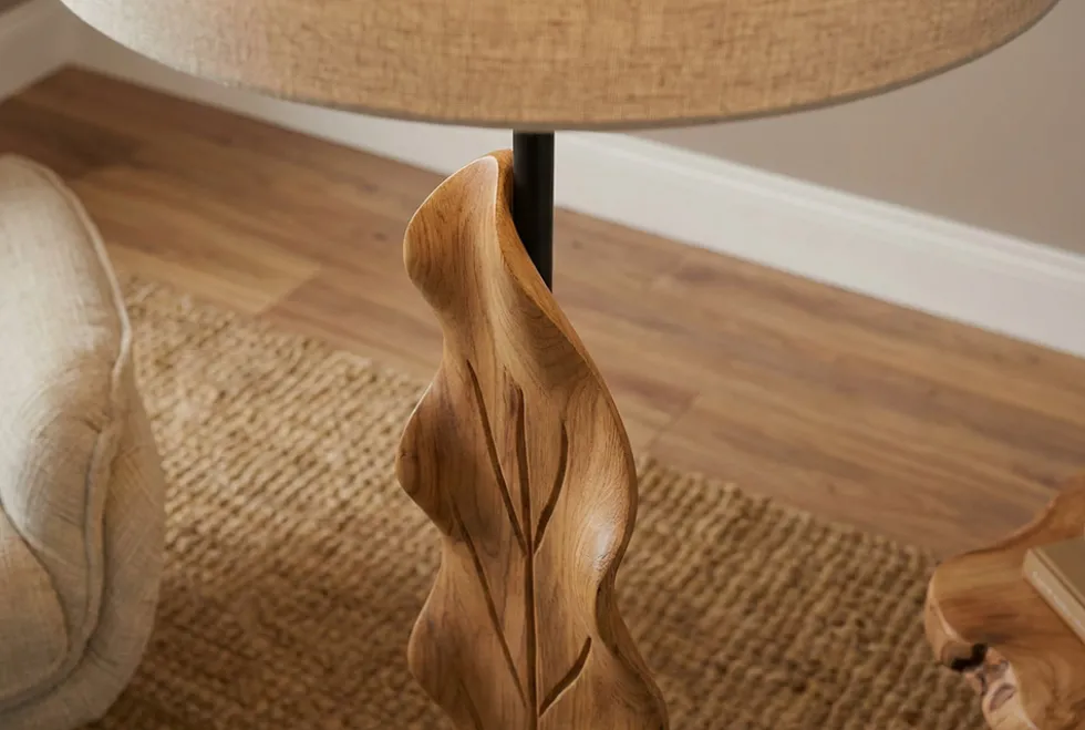 Massive Stehlampe LEAF 130cm weiß natur Teakholz Blatt-Design mit Stoffschirm