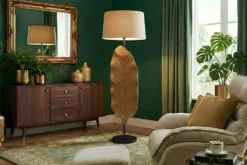 Massive Stehlampe LEAF 130cm weiß natur Teakholz Blatt-Design mit Stoffschirm