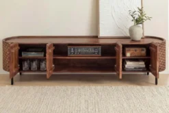 Massives TV-Board ADLON 200cm braun Mangoholz schwarz Metall Lowboard mit 3D- Front