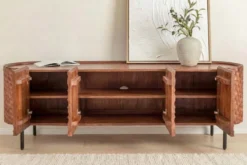 Massives TV-Board ADLON 160cm braun Mangoholz schwarz Metall Lowboard mit 3D- Front