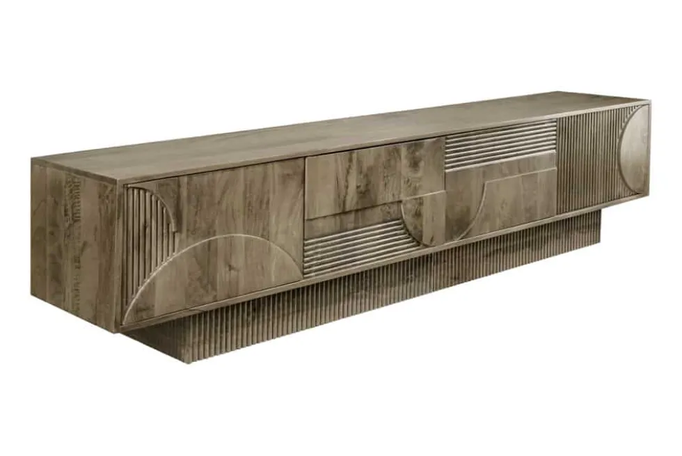 Massives TV-Board ART DECO 200cm grau Mangoholz Lowboard 3D-Front