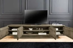 Massives TV-Board ART DECO 200cm grau Mangoholz Lowboard 3D-Front