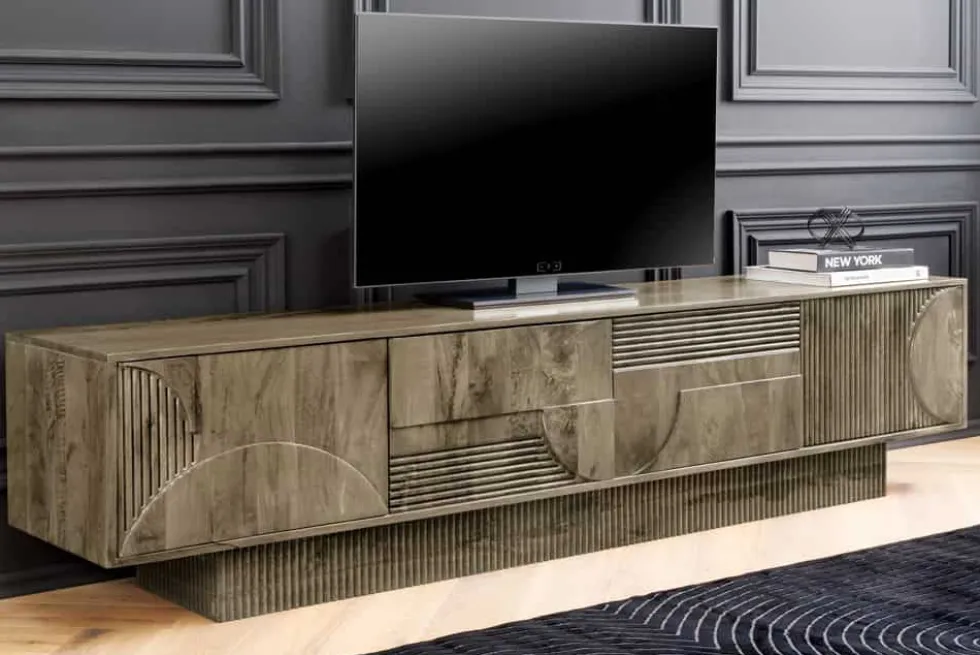 Massives TV-Board ART DECO 200cm grau Mangoholz Lowboard 3D-Front