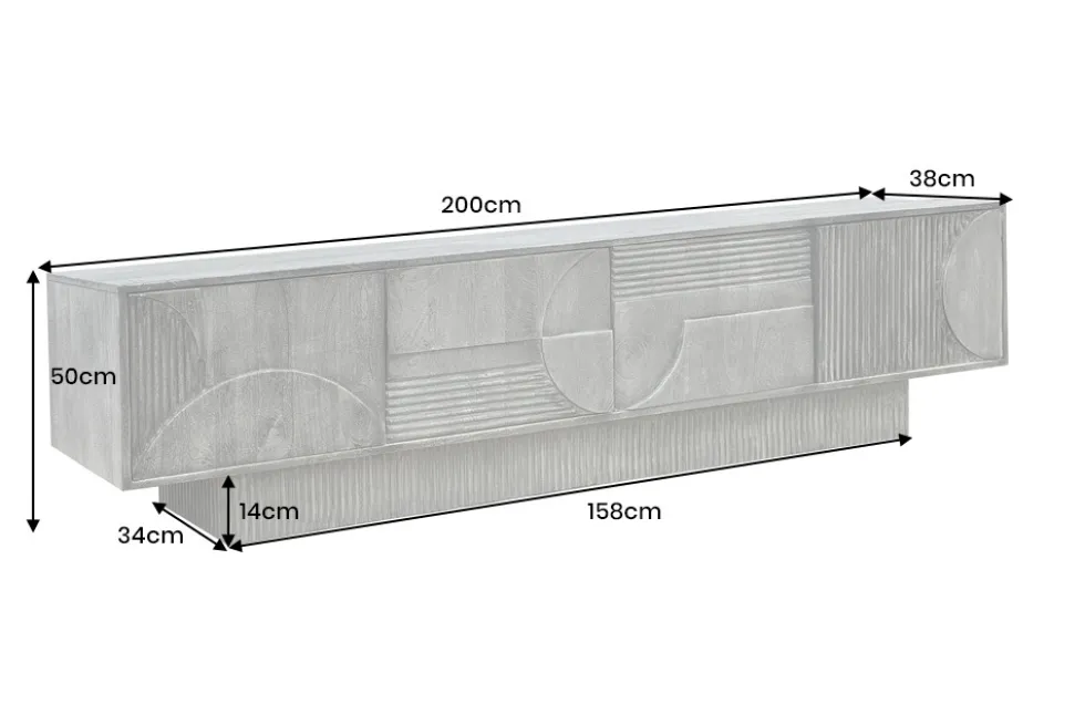Massives TV-Board ART DECO 200cm grau Mangoholz Lowboard 3D-Front